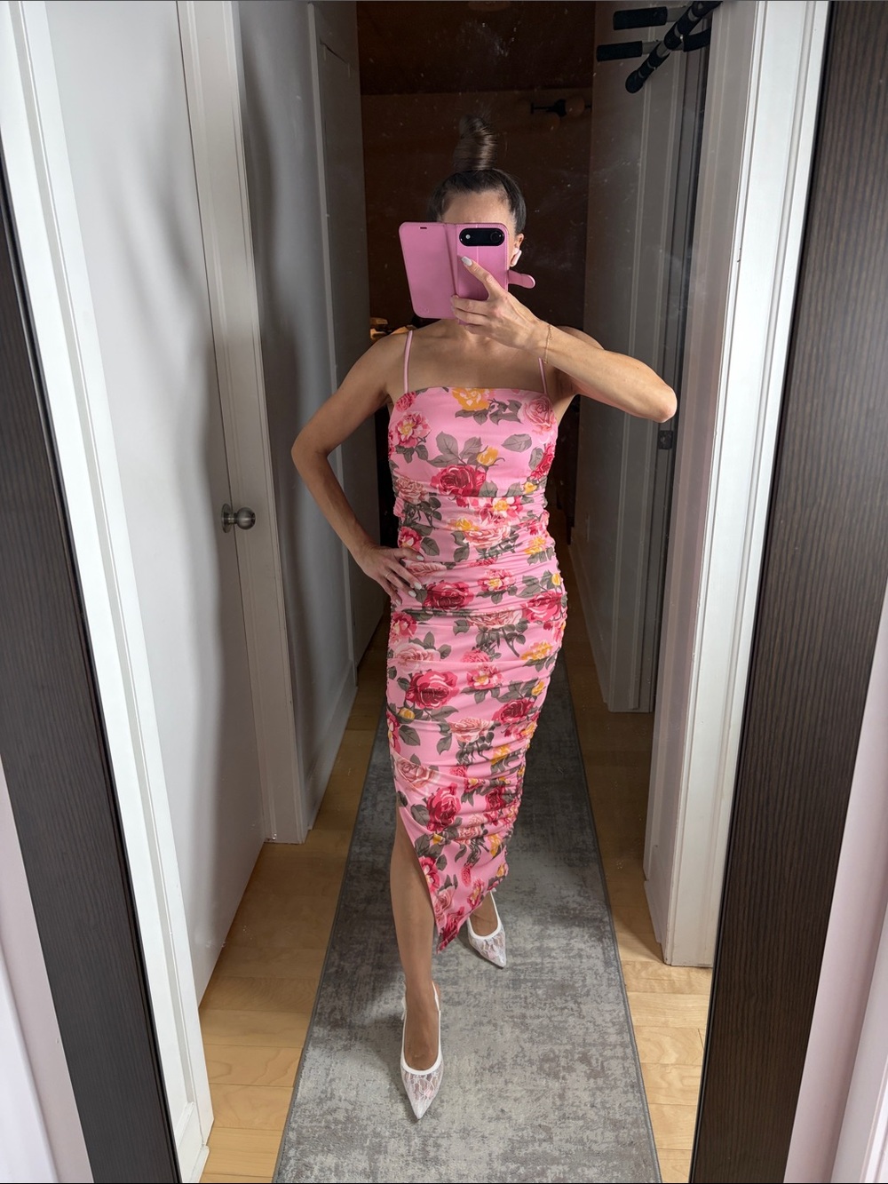 Fashion Nova Pink Floral Ruched Strapless Midi Dress